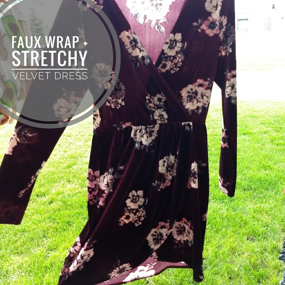 Juniors, long sleeved, velvet, faux-wrap dress